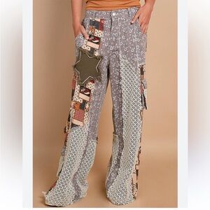 POL Patchwork Wide-Leg Pants in Gray with Cream Lace